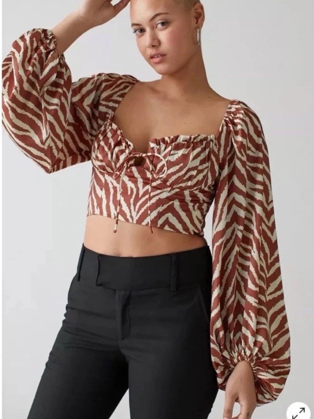 Urban Outfitters Brown and Cream Zebra-Print Puff-Sleeve Crop Top